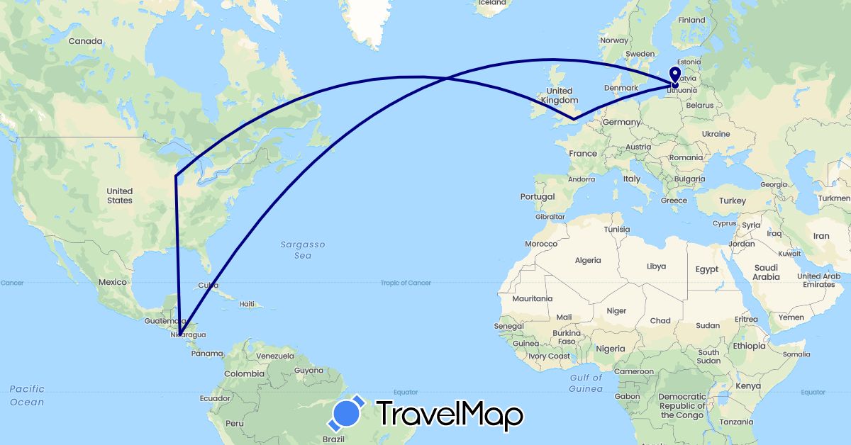 TravelMap itinerary: driving in United Kingdom, Lithuania, Nicaragua, United States (Europe, North America)